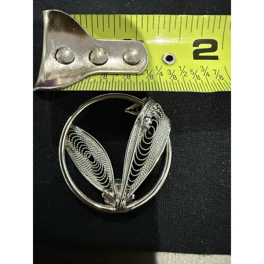 Vintage Mid Century Filigree Wreath Brooch Black Stone Pin Silver Tone  1” Appro